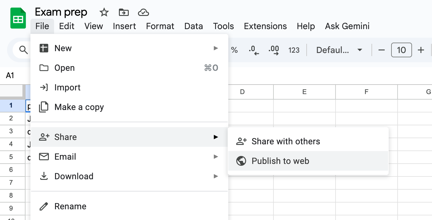 Google Sheets File menu with Share > Publish to web highlighted