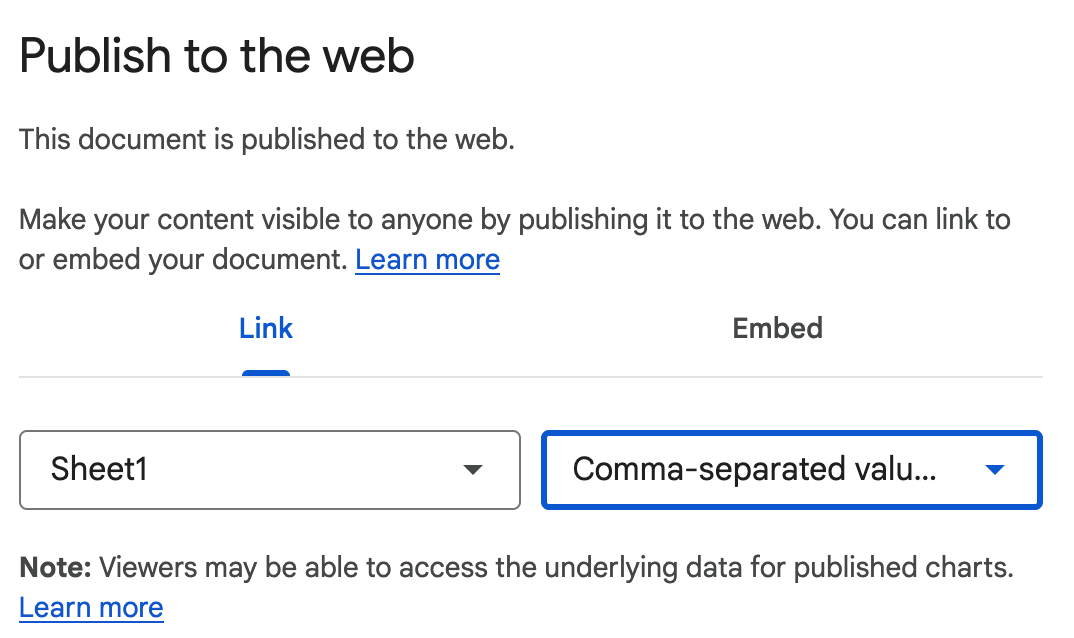 Publish to web dialog showing sheet selection and CSV format option